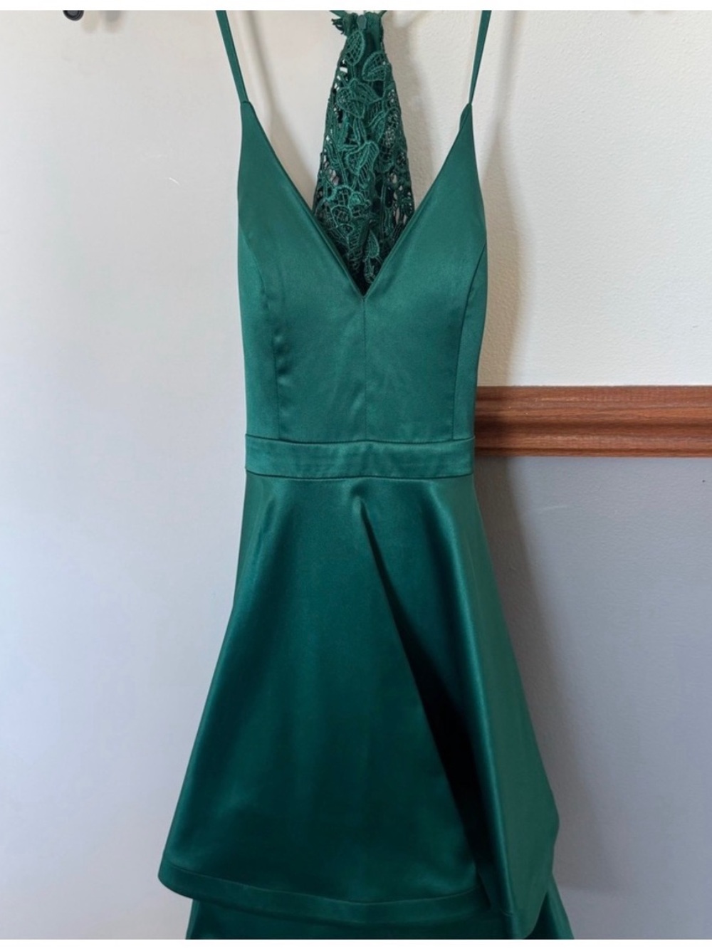 Camille La Vie Emerald Green Strapless Satin Dress with Lace Back